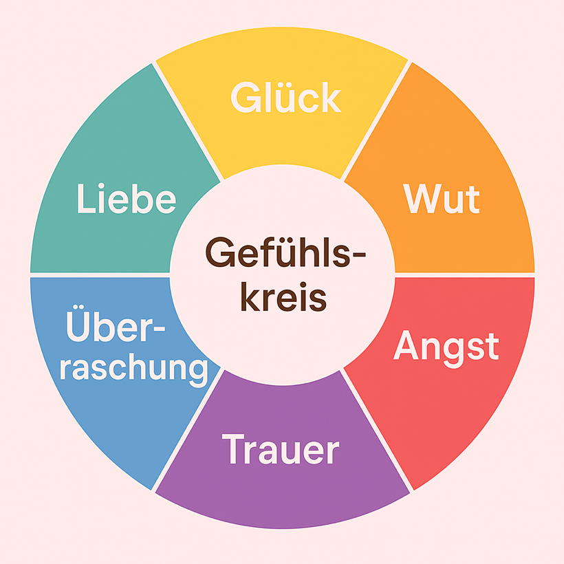 Gefühlsrad mit den Gefühlen Glück, Wut, Angst, Trauer, Überraschung und Liebe